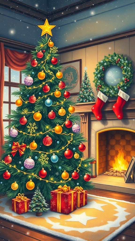Realistic Christmas Drawing Techniques A realistic drawing of a decorated Christmas tree in a cozy living room setting.